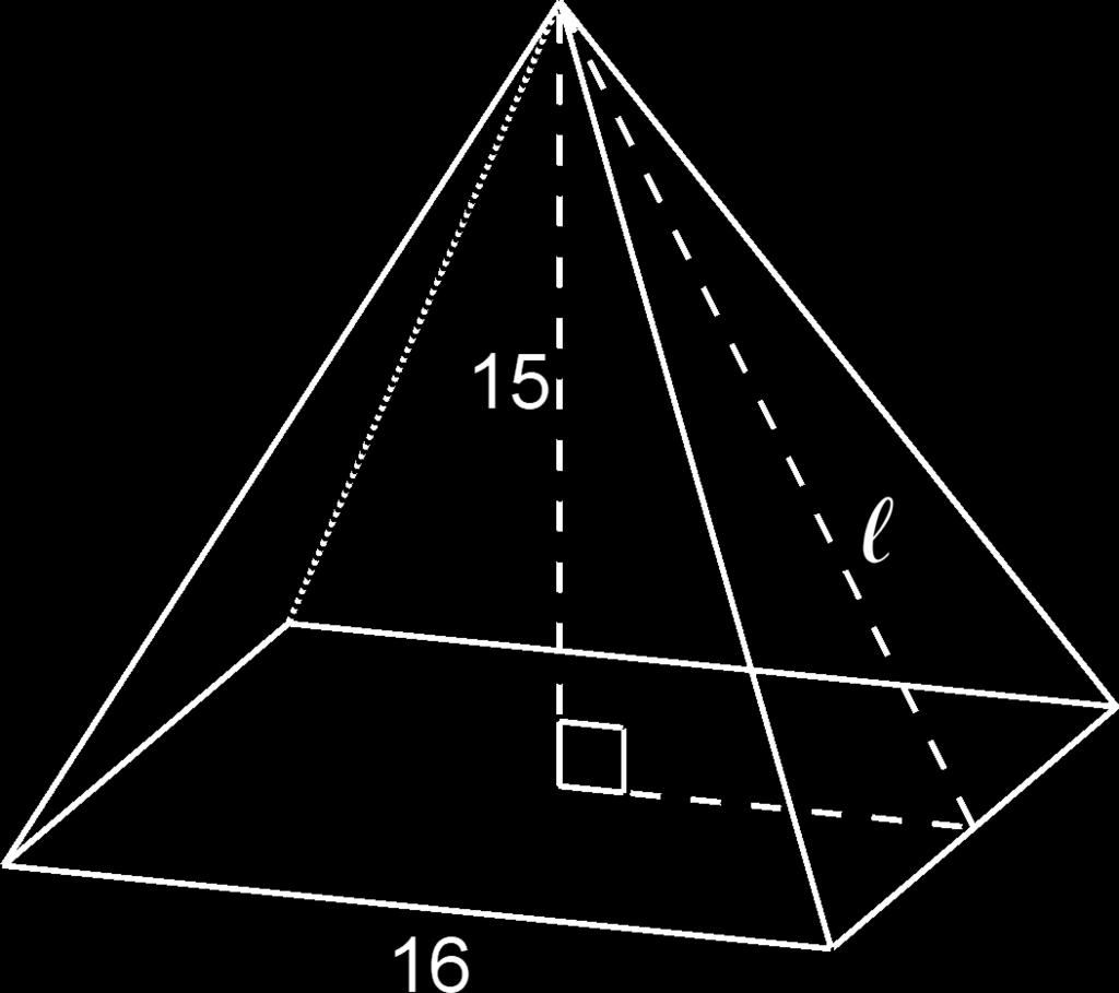 What is the measurement of the slant height l of the triangular face of the pyramid? If you get stuck, use a cross section of the pyramid.. What is the surface area of the pyramid?