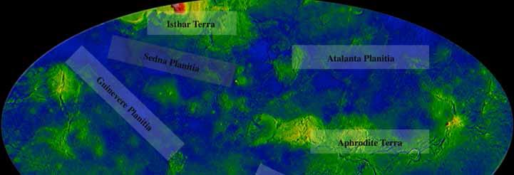 Isthar Terra Sedna Planitia Atalanta Planitia Aphrodite Terra Lada Terra <-2 km > +11 km 80% surface smooth