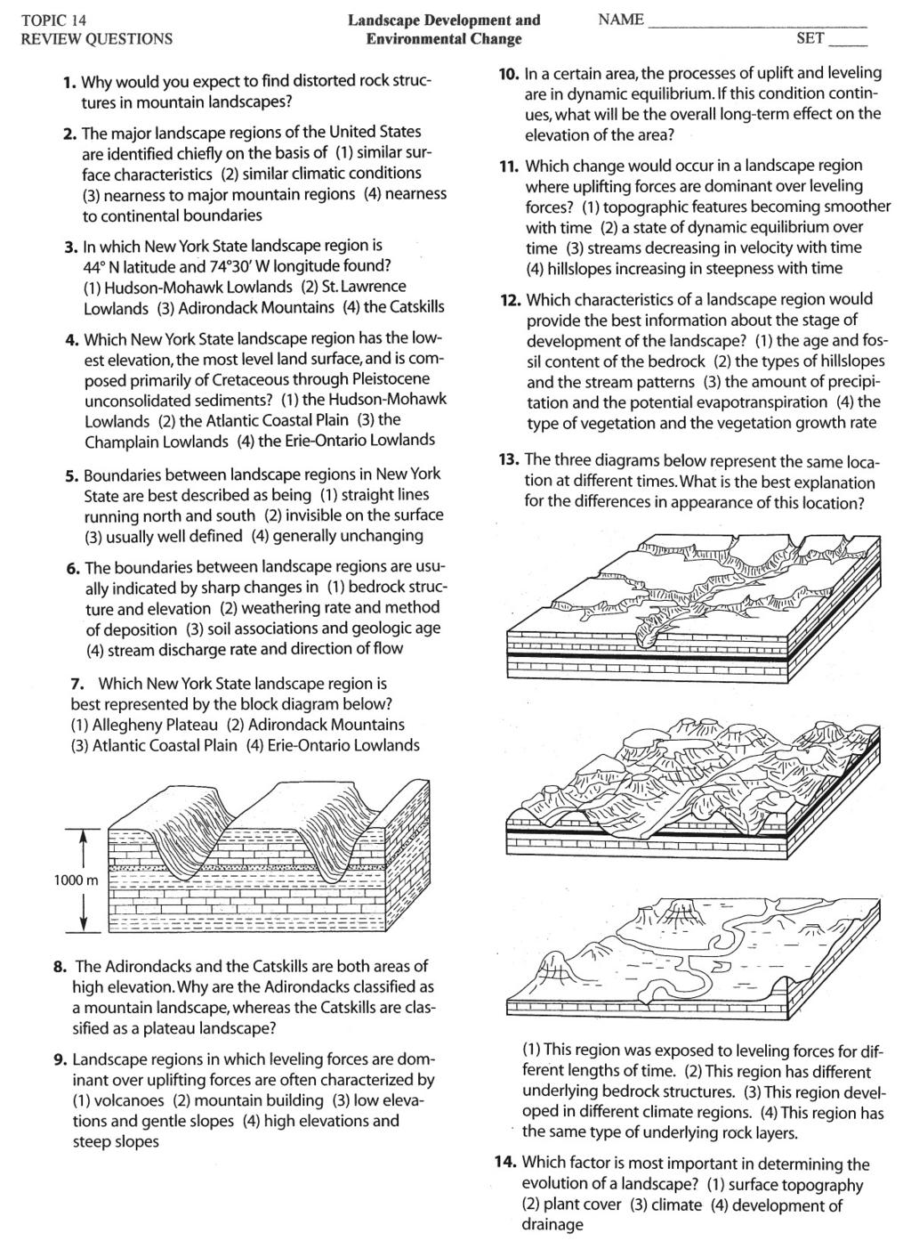 TOPIC 14 REVIEW QUESTIONS Landscape Development and Environmental Change NAME SET 1. Whywould you expect to find distorted rockstructures in mountain landscapes? 2.