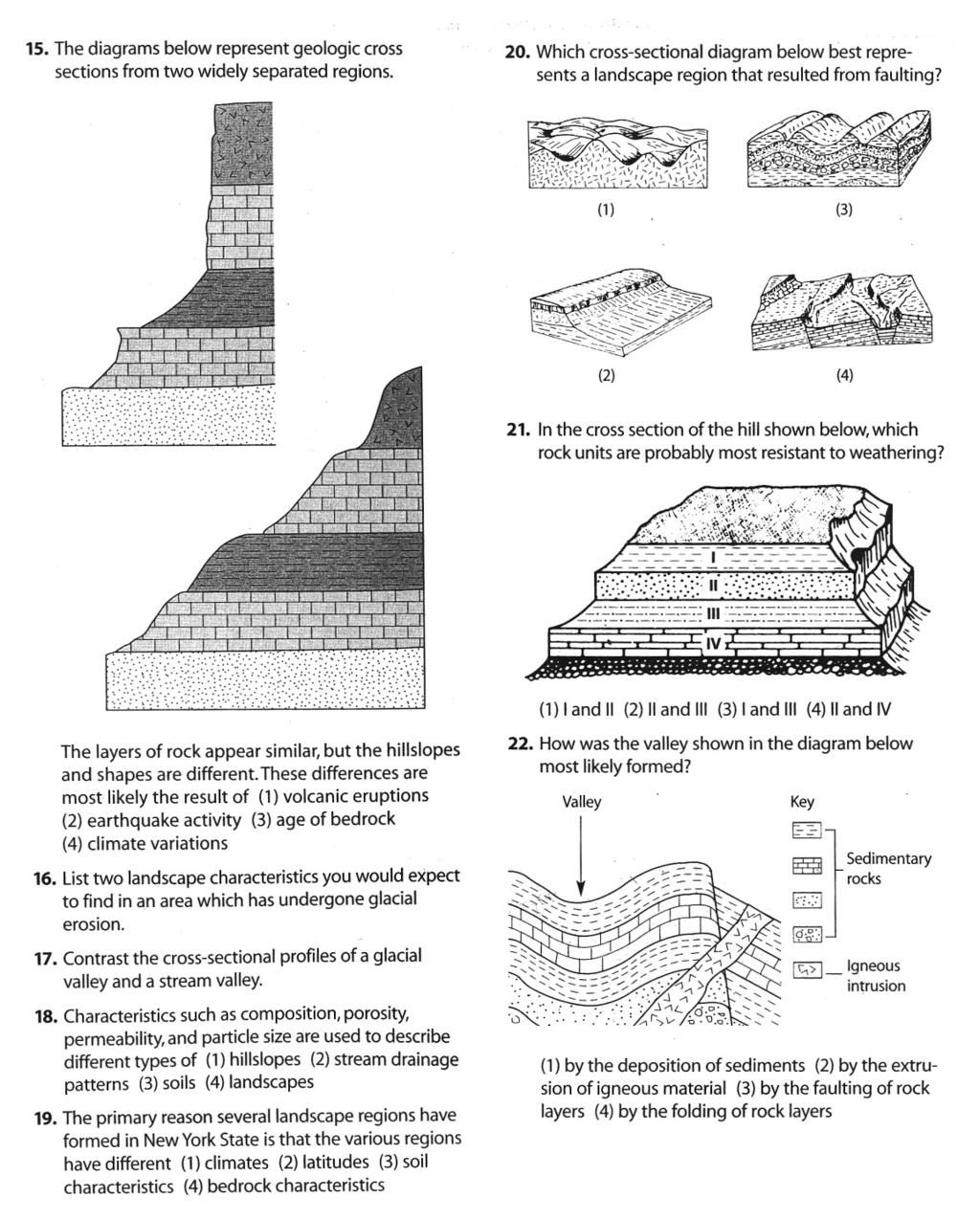 15. The diagrams below represent geologic cross sections from two widely separated regions. 20. Which cross-sectional diagram below best represents a landscape region that resulted from faulting?
