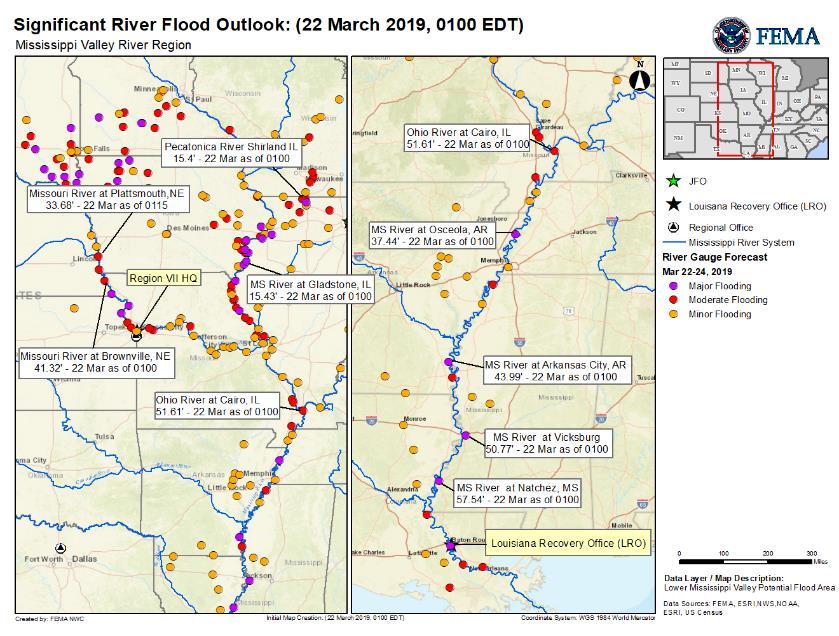 Flooding Central U.S. Current Situation Flooding concerns continue for the Missouri River basin. FEMA Region VII RRCC is maintaining situational awareness of the Missouri and Mississippi Rivers.