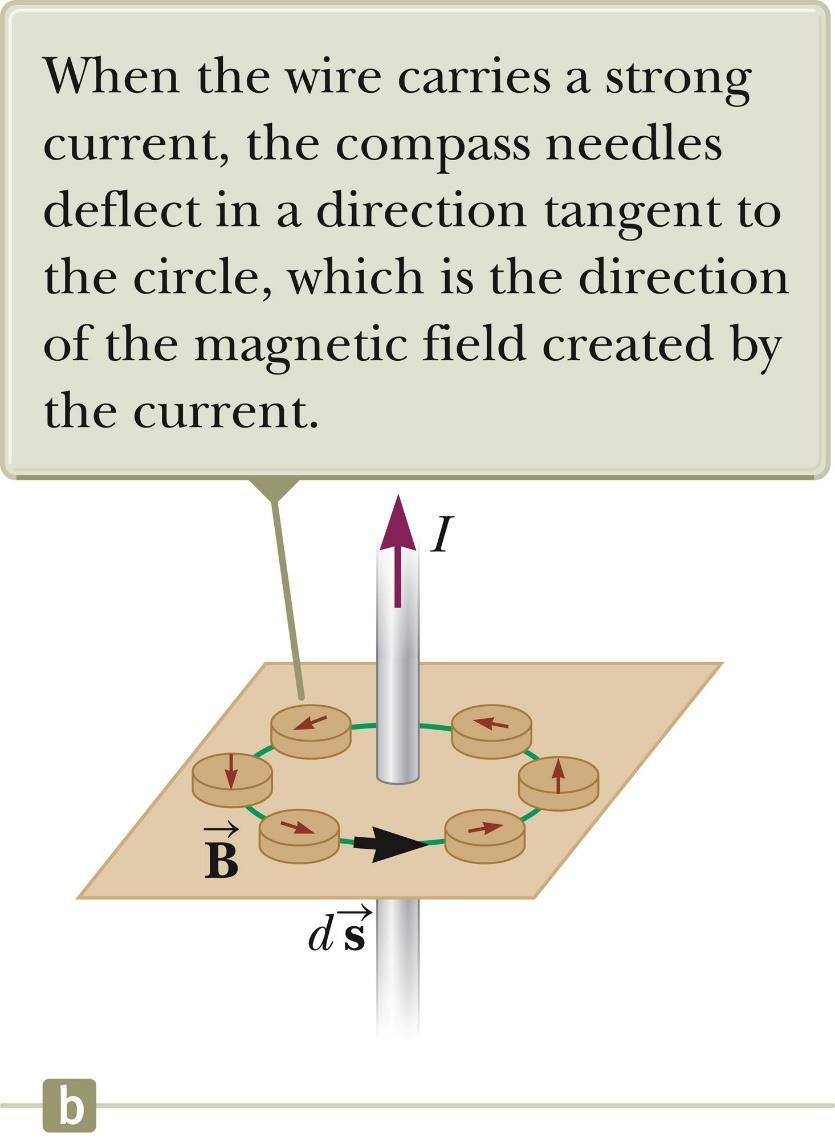 Magnetic Field of a Wire Here the wire carries a strong current. The compass needles deflect in a direction tangent to the circle.