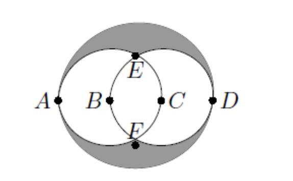 17 In the figure below, two small circles are inscribed and tangent to the large circle at points A and D Let points B and C be the centers of the circles, where AB = BC = CD = Find the area of the
