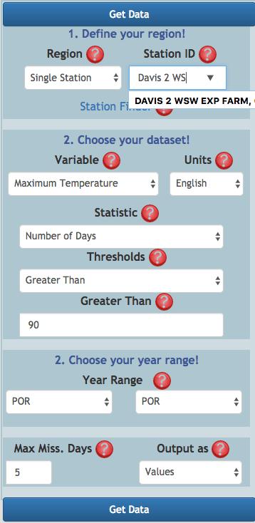 Use the autofill functionality to find the Davis station from last example Set the variable to Maximum Temperature We want to find the number of days where maximum temperature is greater than 90F