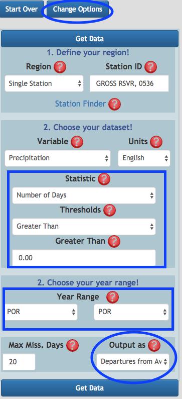 Click on Change Options to return to the form Change Statistic to Number of Days Result: In