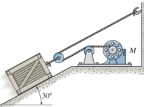 Q7. [9 marks] A 50-kg crate is initially at rest on an incline. Starting at t = 0, the motor supplies a rope tension of T = 10t 2 N, where t is in seconds.