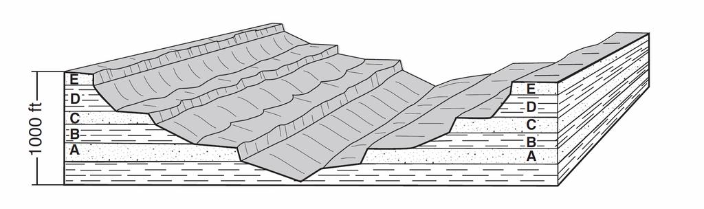 13. The block diagram below shows a cross section of a landscape. Letters A, B, C, D, and E represent different rock layers. Which rock layers appear to be most resistant to weathering?