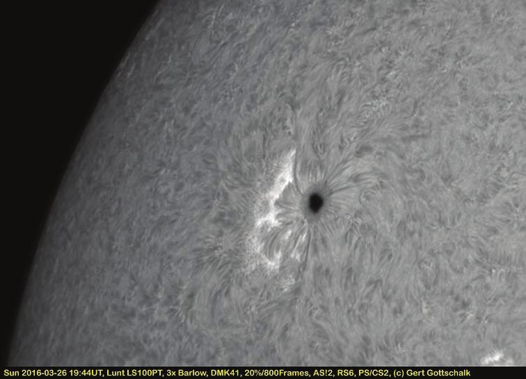 Image Caption: Gert Gottschalk used a Lunt LS100, a 3x barlow, and a DMK41 camera to capture a pronounced sunspot on March 26, 2016.