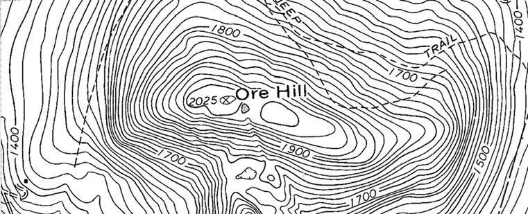 INTERPRETING GRAPHICS Use the topographic map below to answer the questions that follow. 26. What is the elevation change between two adjacent lines on this map? 27.