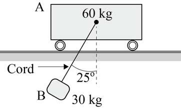 Q.15 The 30kg block B shown below is suspended by a 2m cord attached to the 60kg cart A. Friction is negligible.