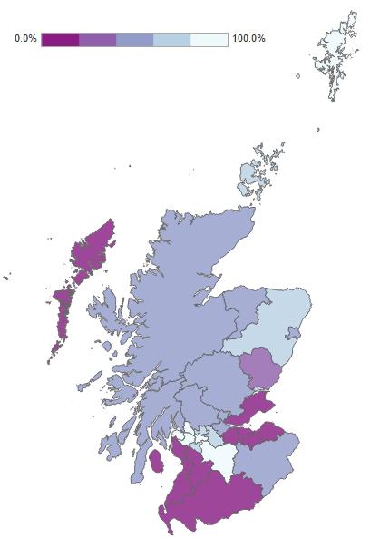 Crude % Range Map The map of Scotland (Figure 4) highlights each Health Board of Residence or Local Authority in a colour indicating the range of % rates from lowest to highest.