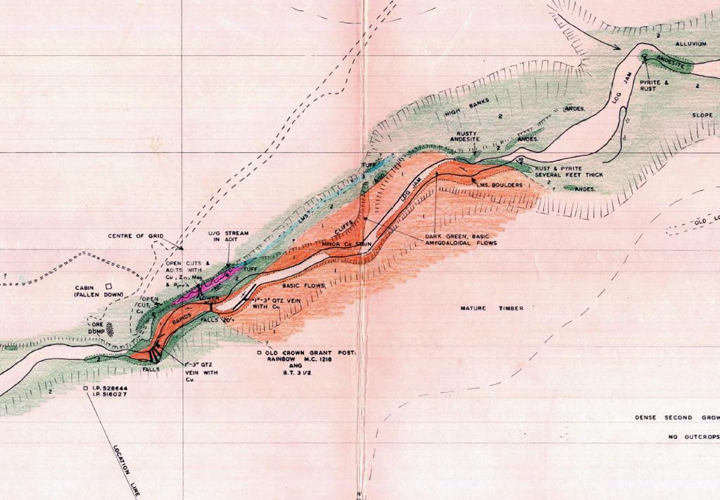 In 1965, sixteen samples taken along a 45 metres strike length of the main showing yielded from 0.15 to 4.6 per cent copper with an average of 1.18 per cent copper (Assessment Report 699).