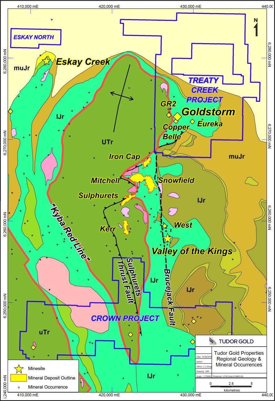 Regional Geology Treaty Creek Area The McTagg Anticlinorium forms a northsouth oriented Dome Numerous mineral deposits are situated near the Upper Triassic - Lower Jurassic contact termed the Kyba