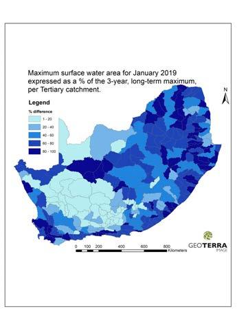 Values less than 100 represent water catchments within which the current month s total surface water is less than the maximum extent recorded for the same area since the end of 2015.