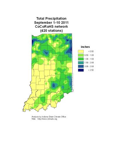 Rainfall amounts are near normal so far in September but the added moisture has had little impact on the late summer Indiana drought.