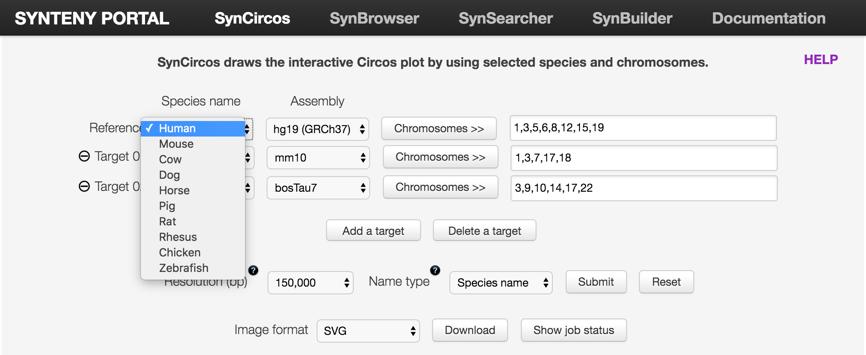 1. SynCircos SynCircos draws the interactive Circos plot by using selected species and chromosomes.