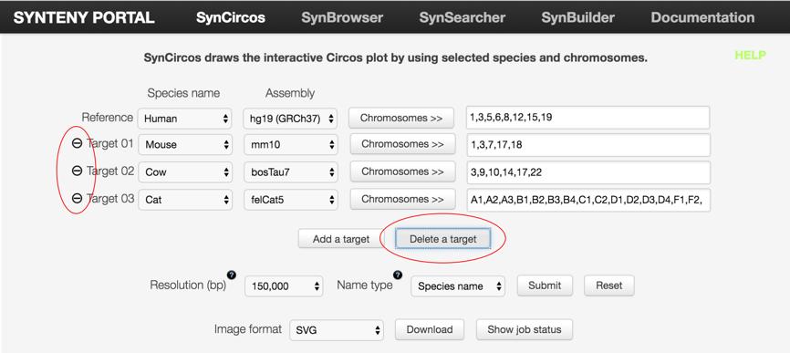 When Users press Delete a target button, the last target is removed. (5) Selecting specific chromosomes The specific chromosomes of a reference and target species can be selected.