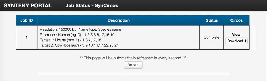 (9-2) An example of SynCircos in a separated result page When the total number of selected chromosomes is larger than 20, the drawing job is submitted to our job scheduler.