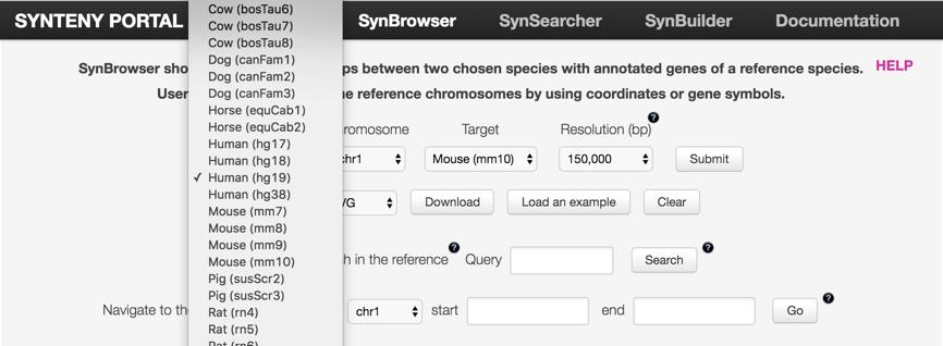 2. SynBrowser SynBrowser shows syntenic relationships between two chosen species with annotated genes of a reference species.