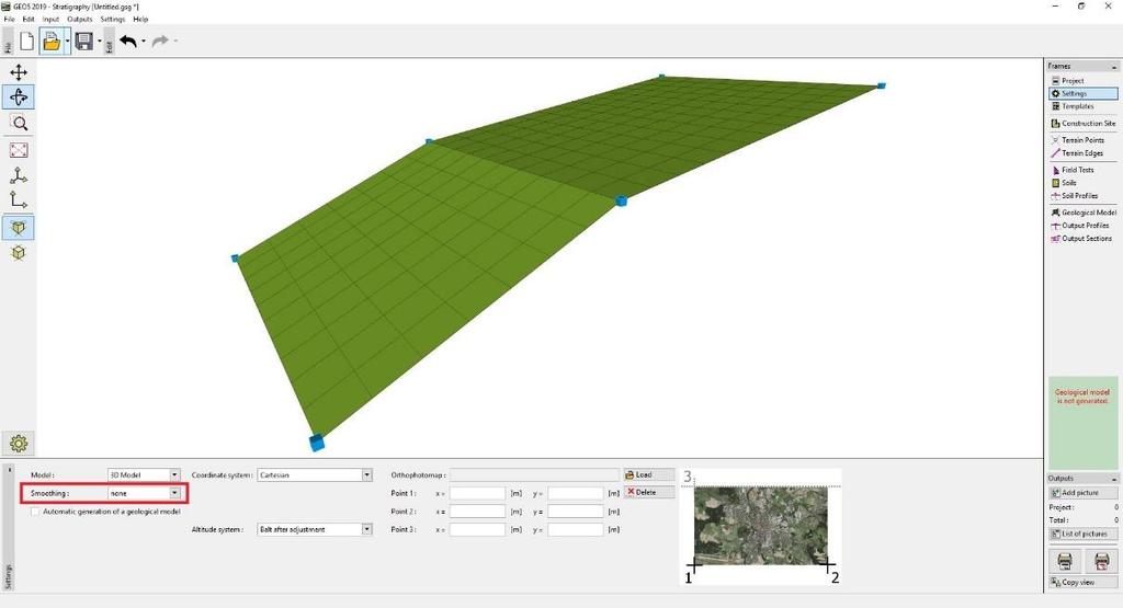 The terrain is generated automatically after each change of the entered points. The shape of the terrain is also influenced by the field tests with defined z coordinate.