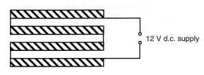 11. The diagram shows a popular type of car rear window heater consisting of four identical heating elements. It operates at 12V and carries a current of 4A.