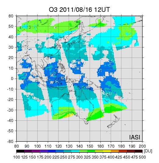 Figure 2: Estimation of O 3 distribution at 12 UTC on 16 August, 2011, based on simulated infrared channel images of 9.6 μm and 11.2 μm.