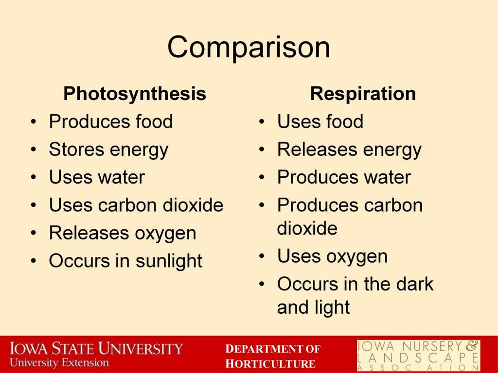 Sometimes the subtle differences between photosynthesis and respiration can be confusing. Hopefully this comparison table can help keep things clear.