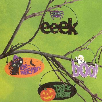 SPIDER, CAT, GHOST and JACK-O'-LANTERN Cut-Out Word Ornaments Stamped metal with