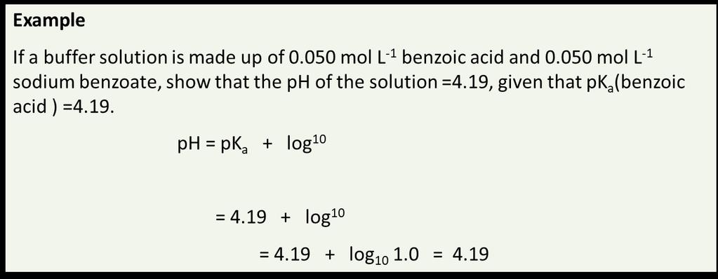 Note: in a buffer solution [H 3O + ] does not equal [A - ] since the A - has not been produced by the dissociation of the acid HA alone Buffer calculations [H 3O + ] = Ka x [weak acid] OR ph = pka +