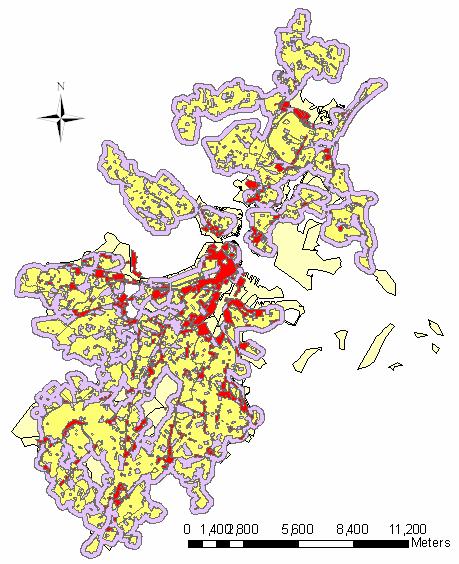 Figure 3: Land use in Suffolk County. Residential areas (all types and densities) are shown in yellow with a 250 meter buffer of these residential areas shown in light purple.