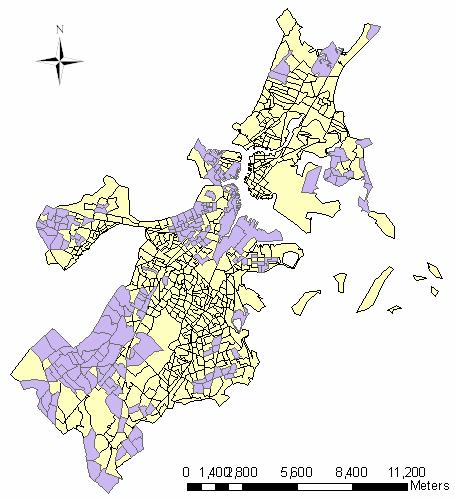 Figure 6: Suffolk County block groups with block groups with high median household income (shaded in purple).