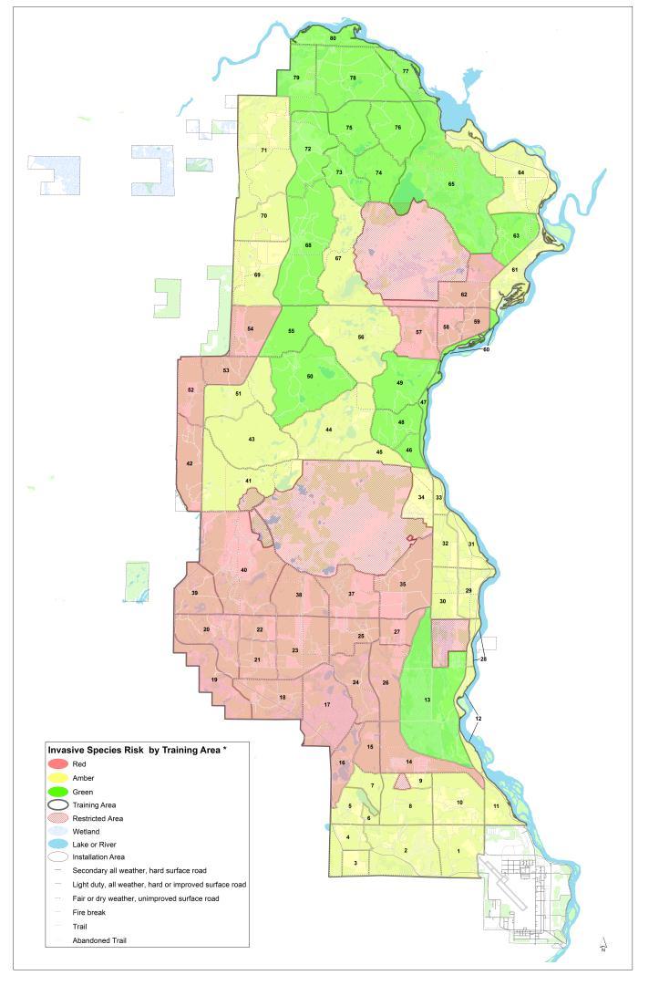 Risk Assessment Map Provides recommended actions to reduce seed dispersal across Camp Ripley. Green: Low risk for the transfer of invasive species material from area to area.