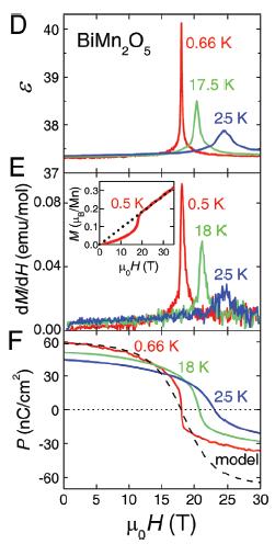 BiMn 2 O 5 Application of high magnetic fields along the a axis Sharp symmetric peak in dm/dh and ε at low temperatures Abrupt sign