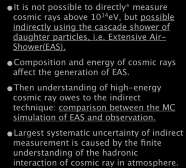 Indirect measurement of cosmic rays It is not possible to directly* measure cosmic rays above 4 ev, but possible