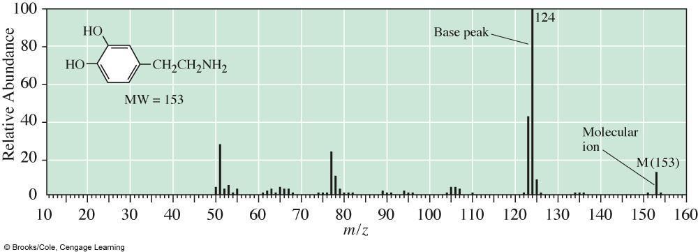 The Mass Spectrum The plot is of mass of ions (m/z) (x-axis) versus the intensity of the signal (y-axis) Most abundant ion peak is base peak (100%) Other