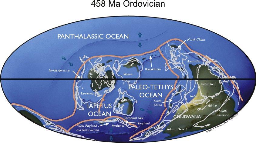 Ordovician, Silurian and Devonian: three ages of fishes Ordovician period Climate changed from hot to glaciated (Gondwana hits the South Pole) Marine fauna spread out,