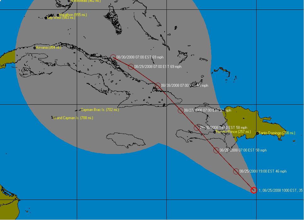 Tropical Depression #7 forms. At 10 a.m. Monday August 25th 2008 the depression: located near 15.5 N 70.