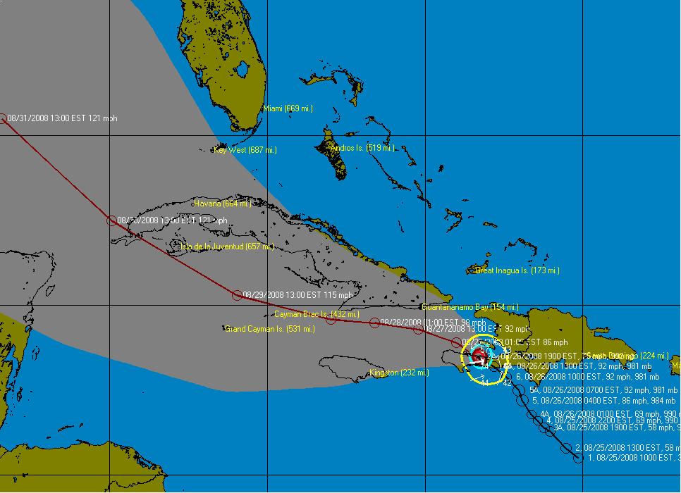 Hurricane WATCH issued for the Cayman Islands. At 7 p.m. Tuesday August 26th 2008 Hurricane Gustav: Located near 18.