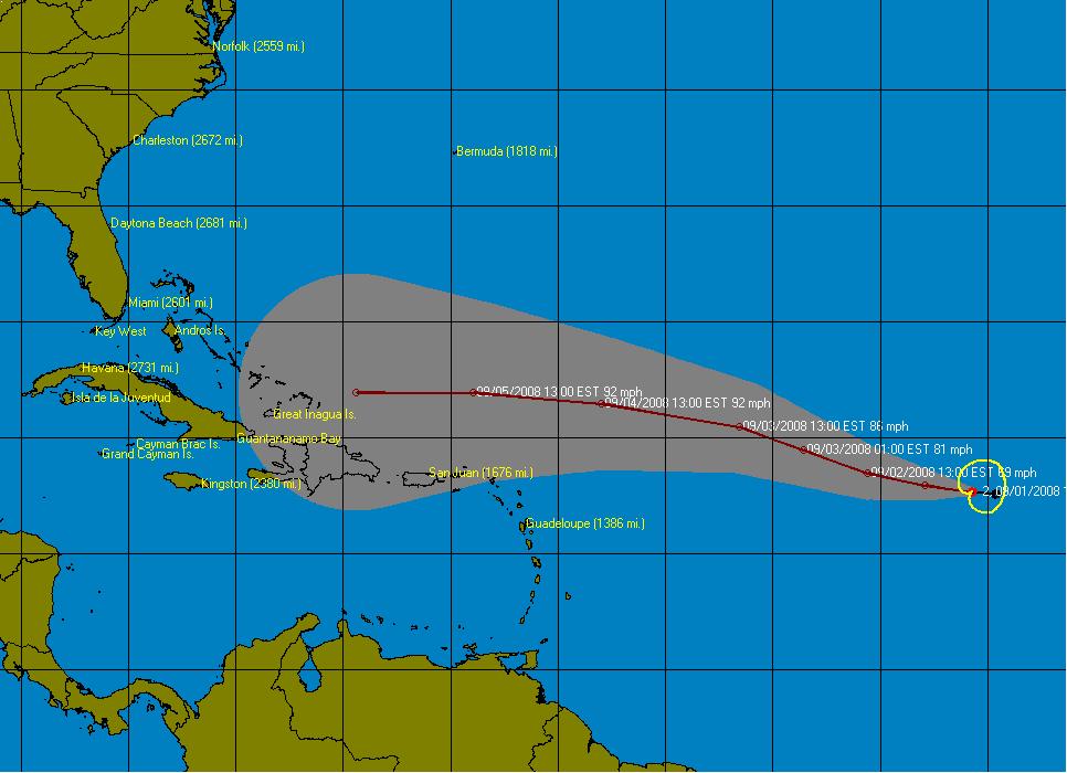 TD #9 strengthens to TS Ike: 4 p.m. Monday September 01 Located near 17.7 N 40.
