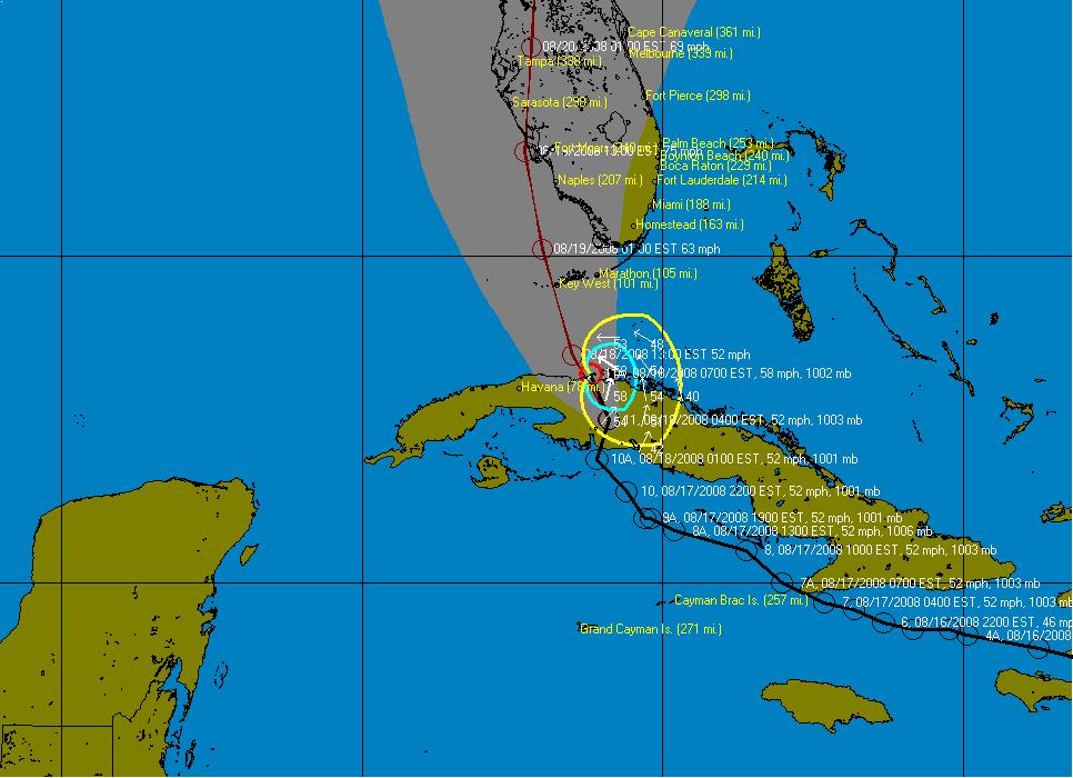 The Government of the Cayman Islands discontinued all WARNINGS. At 7 a.m. Monday August 18th 2008 Tropical Storm Fay was located near 23.