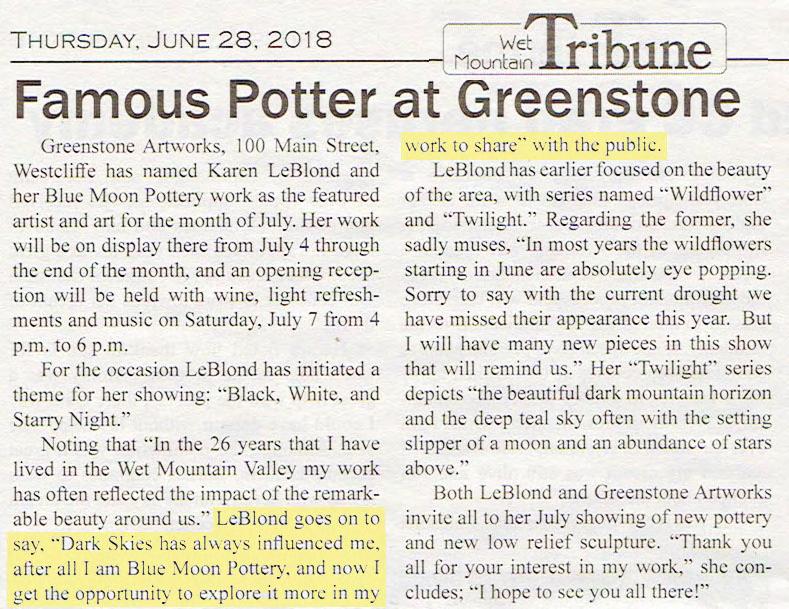 June, 2018: The Wet Mountain Tribune article: Highlighted text: LeBlond goes on to say, Dark Skies has always influenced me, after all I am Blue