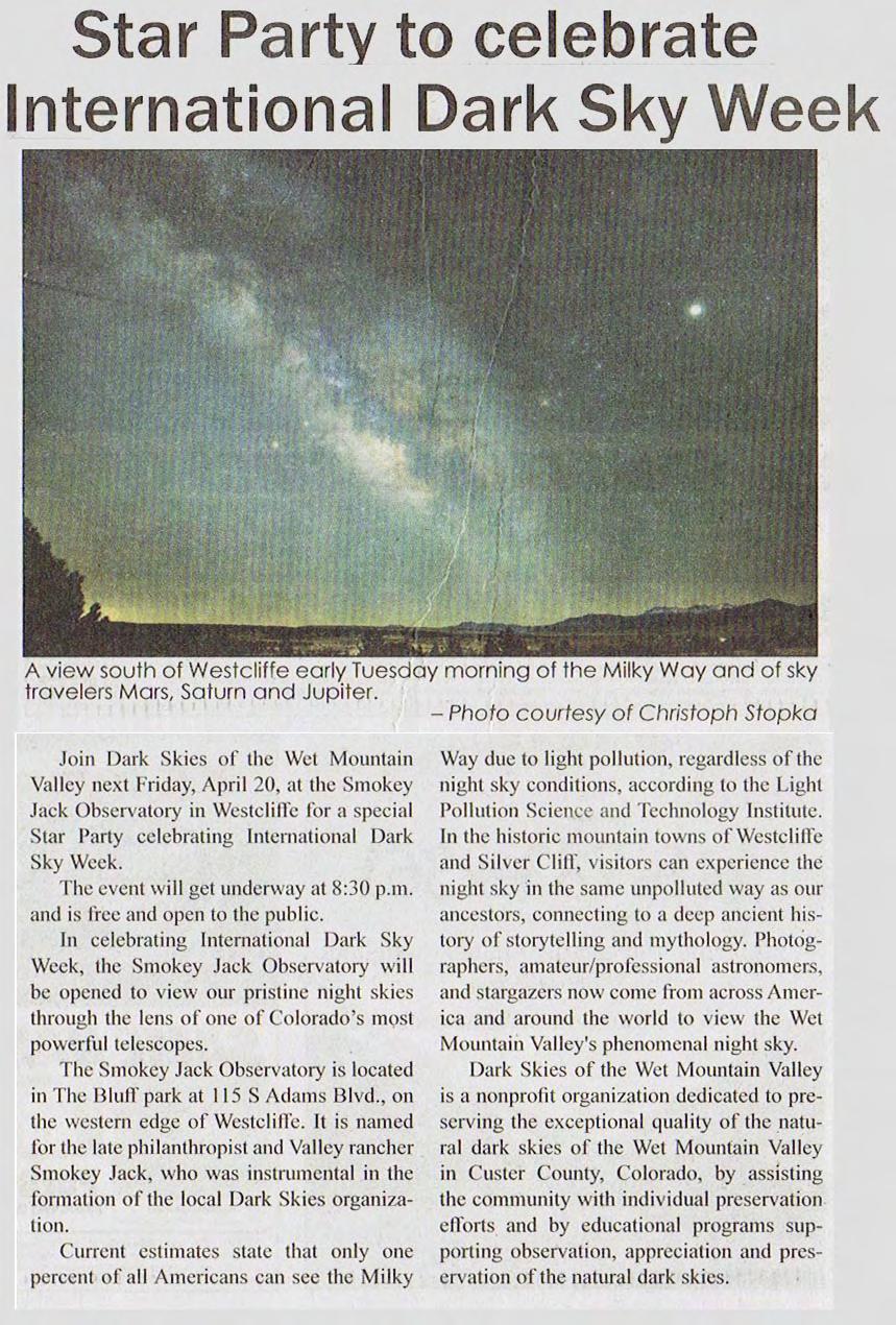 Star party articles in The Wet Mountain Tribune (continued): Star party story, scheduled for April
