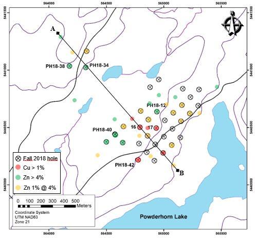 Figure 1: Drill holes with noticeable copper and zinc grades B Figure 1 depicts the location of the fall 2018 drill holes and previously drilled holes with noticeable copper and zinc grades.