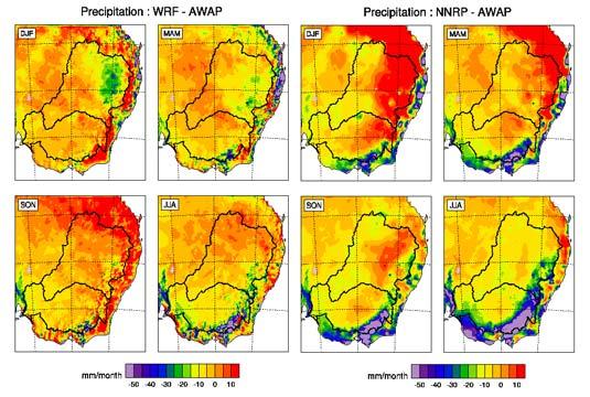 Figure 4: Difference in seasonal precipitation (model - AWAP). Figure 4 shows the seasonal precipitation differences between the simulations and the AWAP observations.