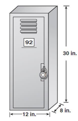 Use the locker information for problems #56-58. 56. What is the ratio of the width to the length of the locker as a reduced fraction? A. 4/3 B. 2/3 C. 6/15 D.