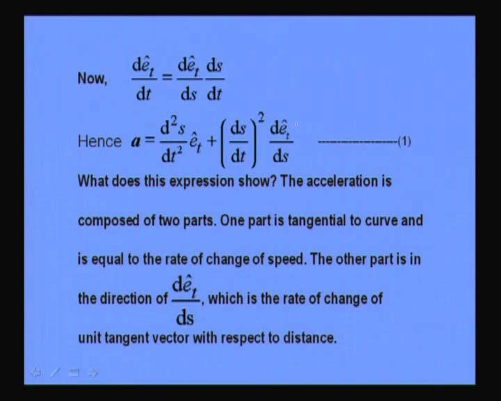 (Refer Slide Time: 07:34) The acceleration has got two components; that is one is tangential, that is d square s by dt square it is nothing but the derivative of the speed; but the second component