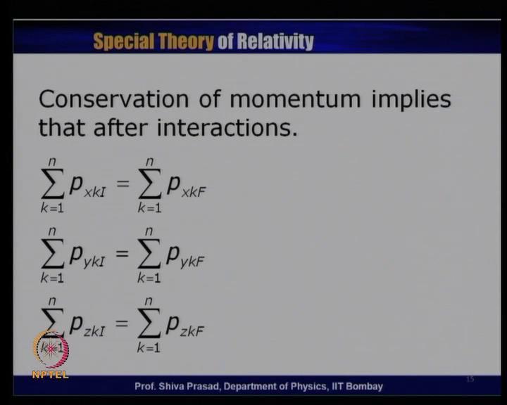 (Refer Slide Time: 21:28) What is conservation of momentum imply? That in S frame of reference Let us assume that, in S frame, the momentum is conserved.
