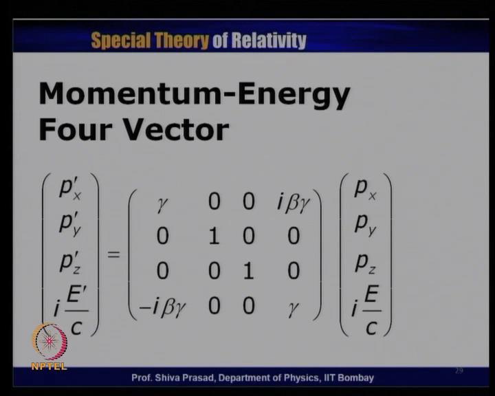(Refer Slide Time: 42:41) Now, looking at these new definitions let me rewrite the momentum energy four vector. We had earlier agreed that, the first three components are p x, p y and p z.