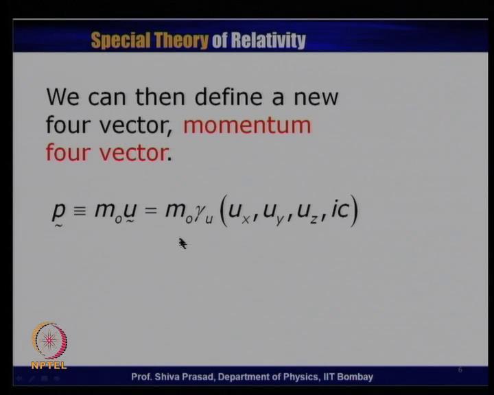 (Refer Slide Time: 05:20) So, what I do; we have already taken the velocity four vector u and the components of that particular four vector as gamma u multiplied by u x, u y, u z, i c.