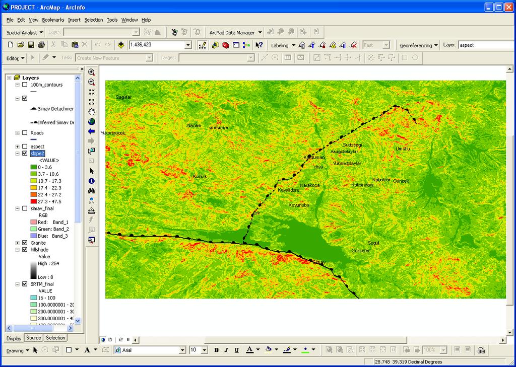 Figure 21: Screen shot of ArcMap showing the classified slope raster and how it compares to the location